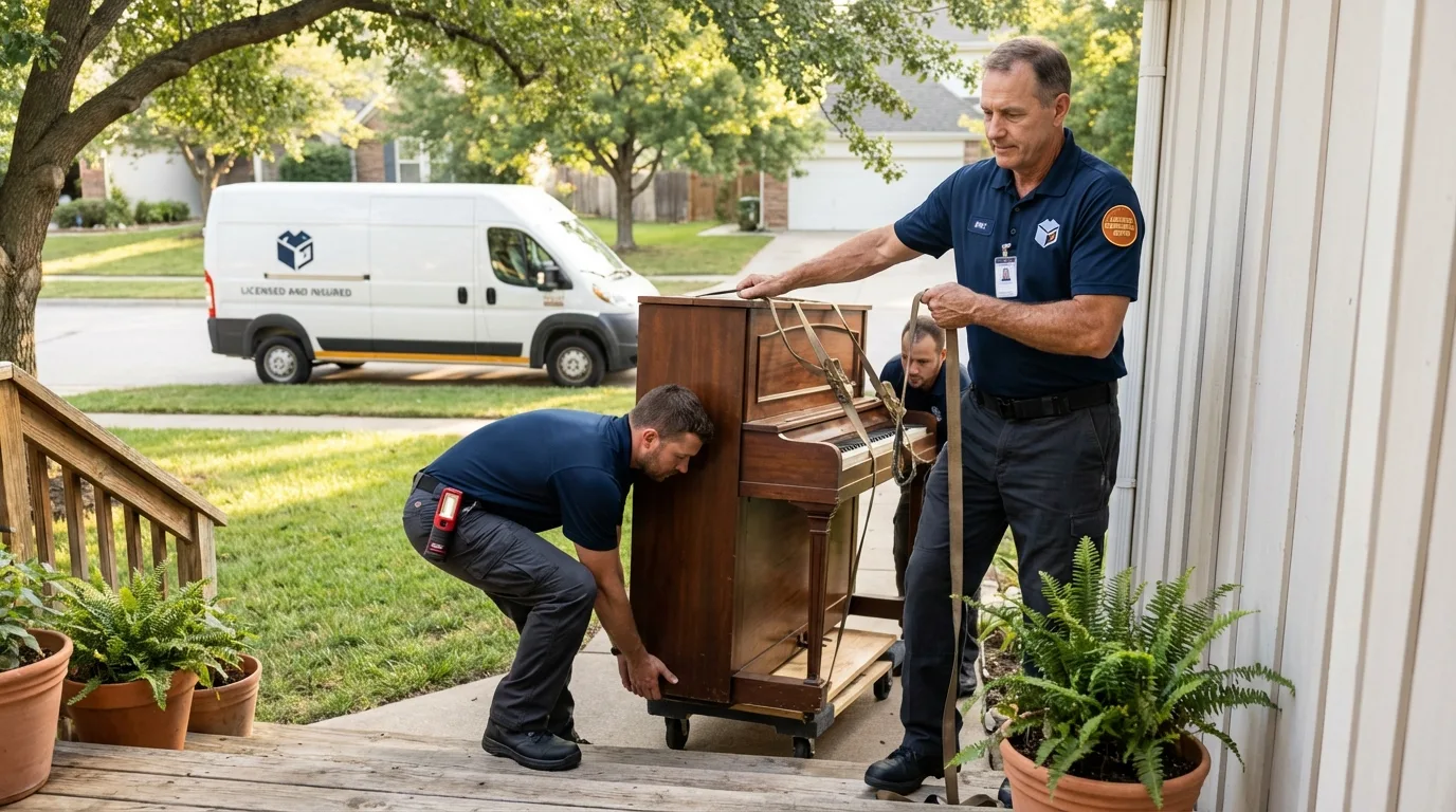 Licensed piano movers securing grand piano in Lansford, PA