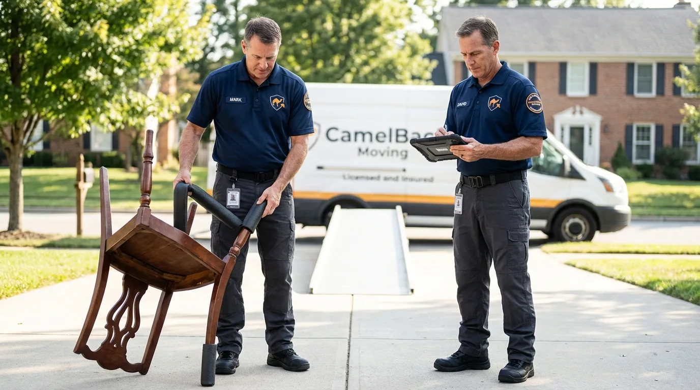 Movers inspecting furniture for damage prevention before loading in Lansford, PA