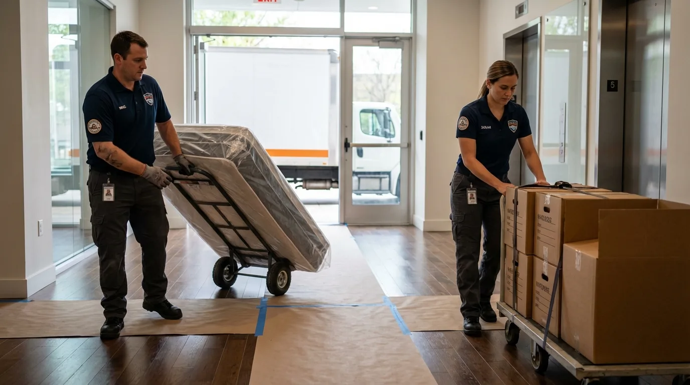 Professional apartment movers loading elevator in Lansford, PA